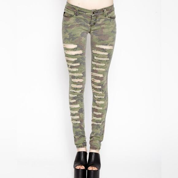 NEW TRIPP NYC Shredded Skinny Camo Pants Jeans Green Size 3 Grunge Street Goth - Picture 1 of 9